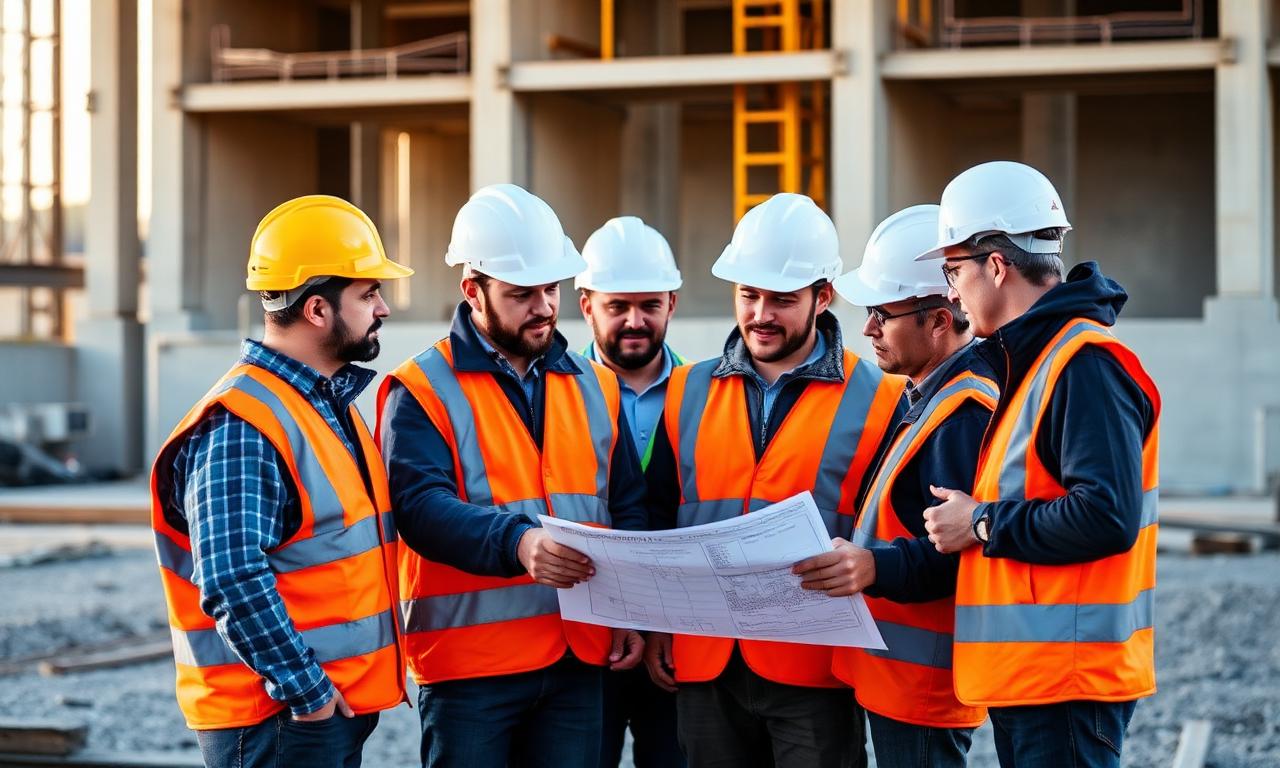 Construction team reviewing plans on site